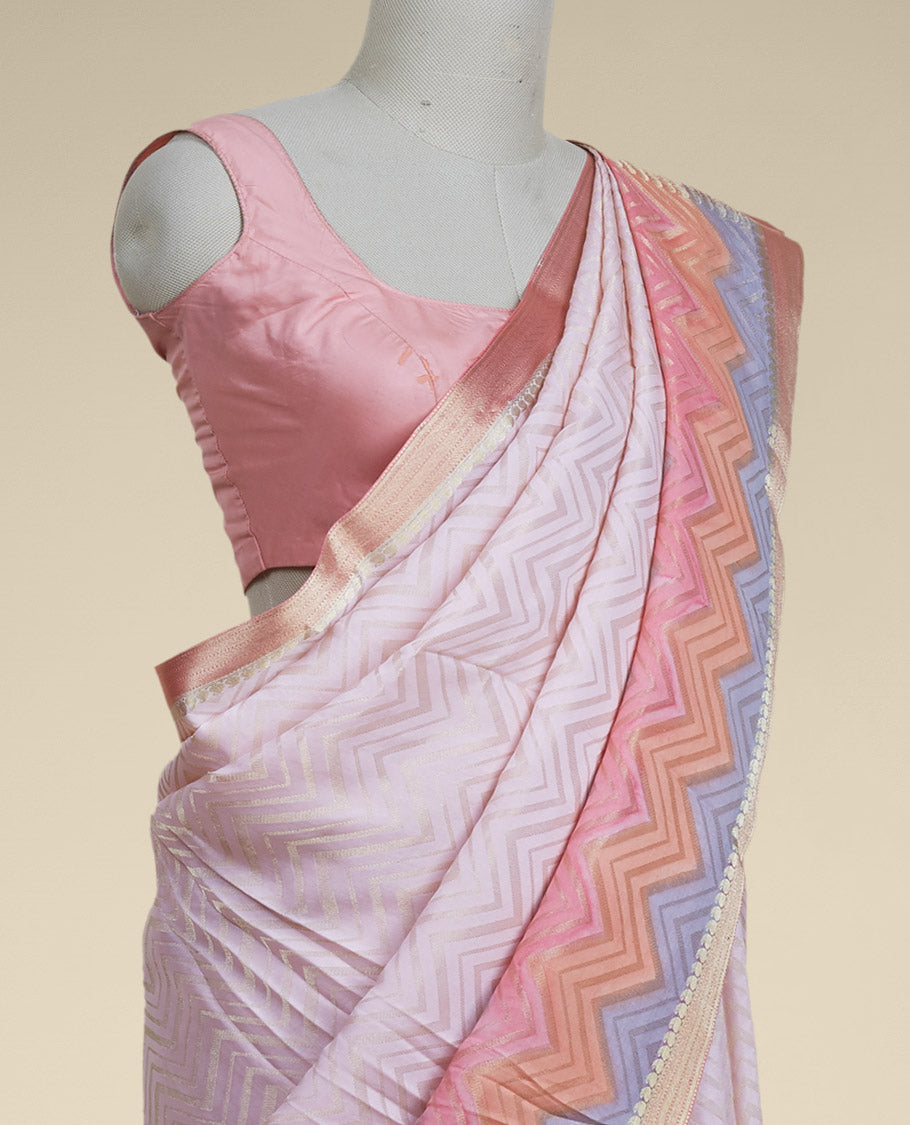 Pink chevron jacquard design Italian Crepe saree, contrast traditional design zari border