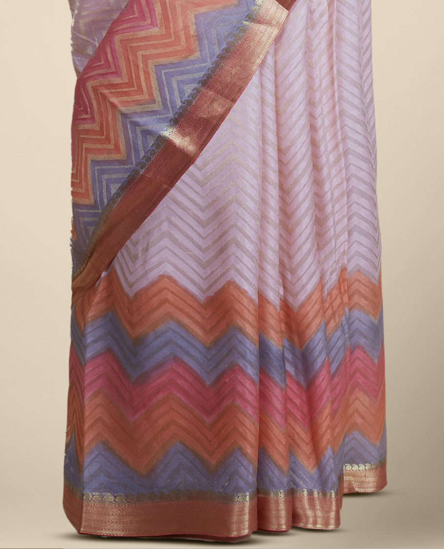 Pink chevron jacquard design Italian Crepe saree, contrast traditional design zari border