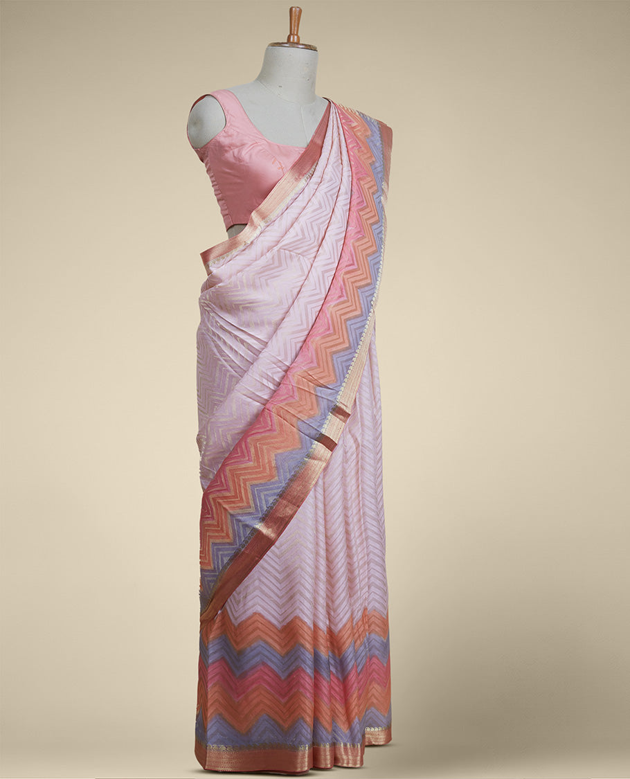 Pink chevron jacquard design Italian Crepe saree, contrast traditional design zari border