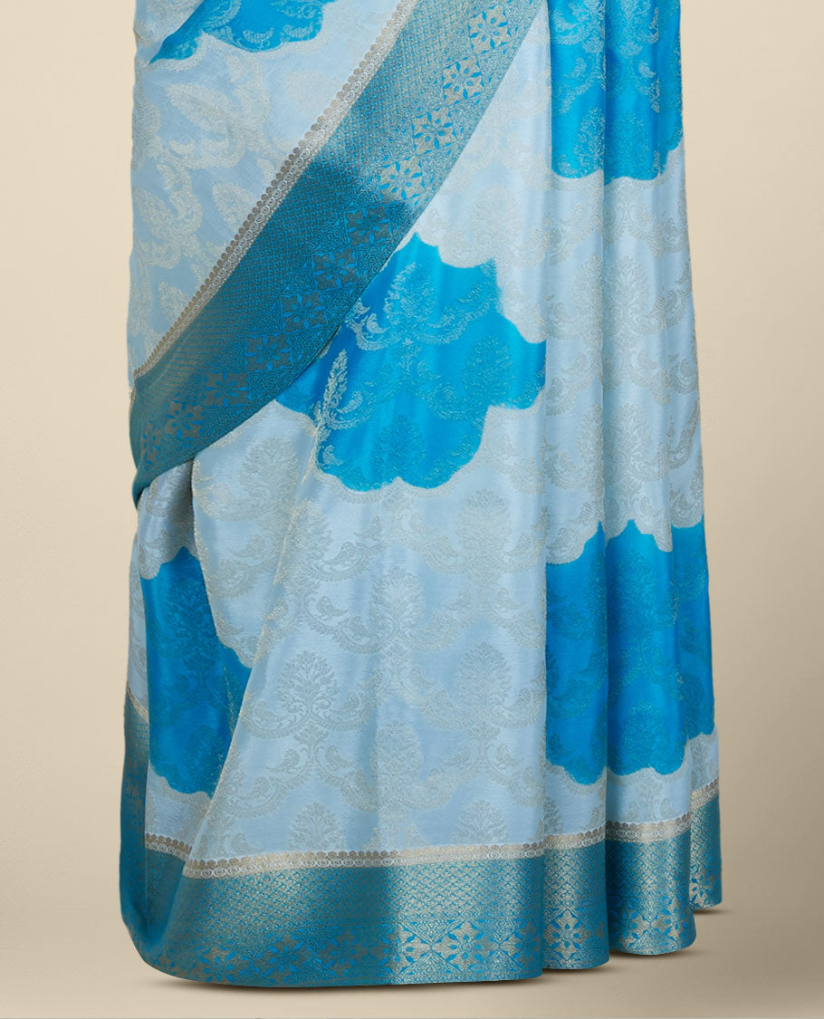Blue floral motifs & jaal design Italian Crepe saree, contrast intricate design zari border