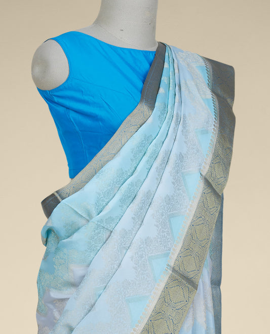 Blue chevron jaal jacquard design Italian Crepe saree, contrast intricate design border