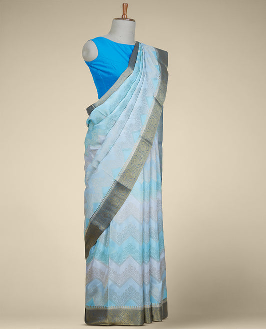 Blue chevron jaal jacquard design Italian Crepe saree, contrast intricate design border