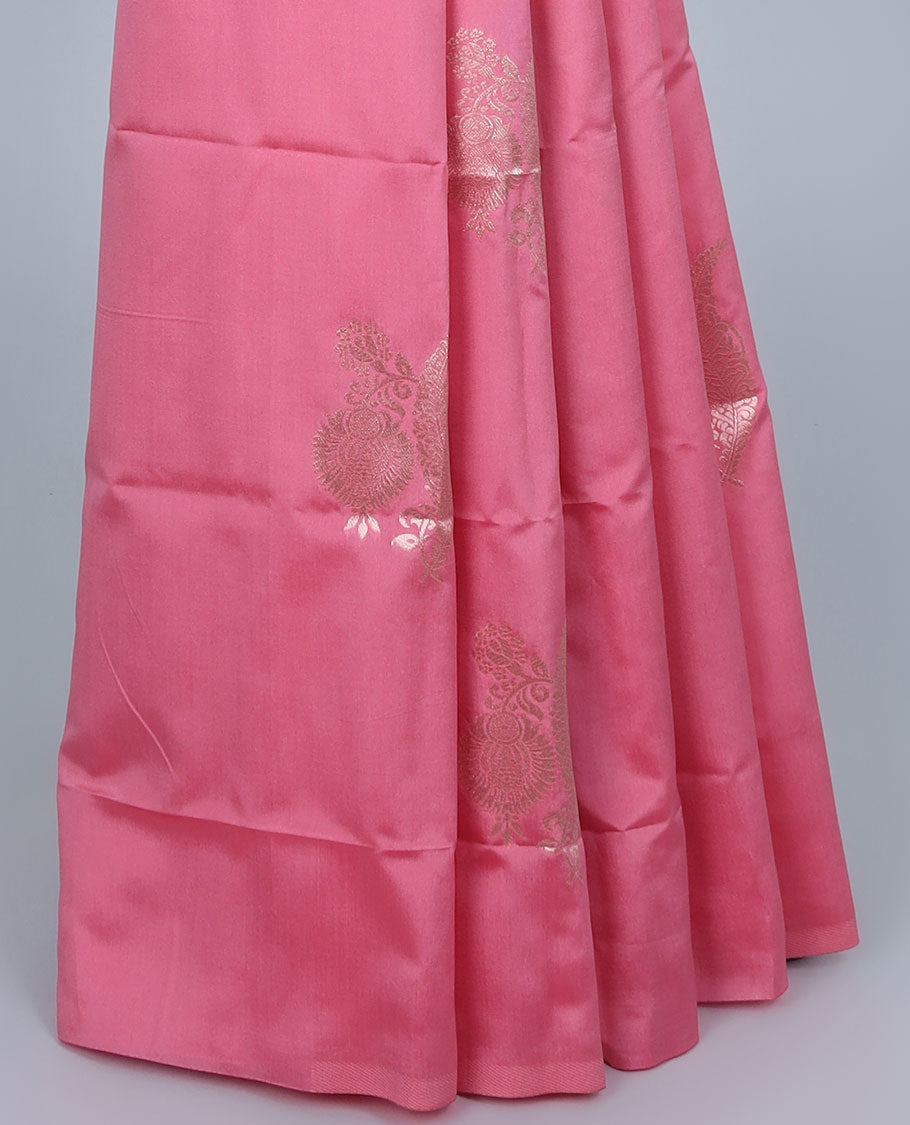 Borderless pink butter silk saree with zari buttas, self-pallu of ogee patterns