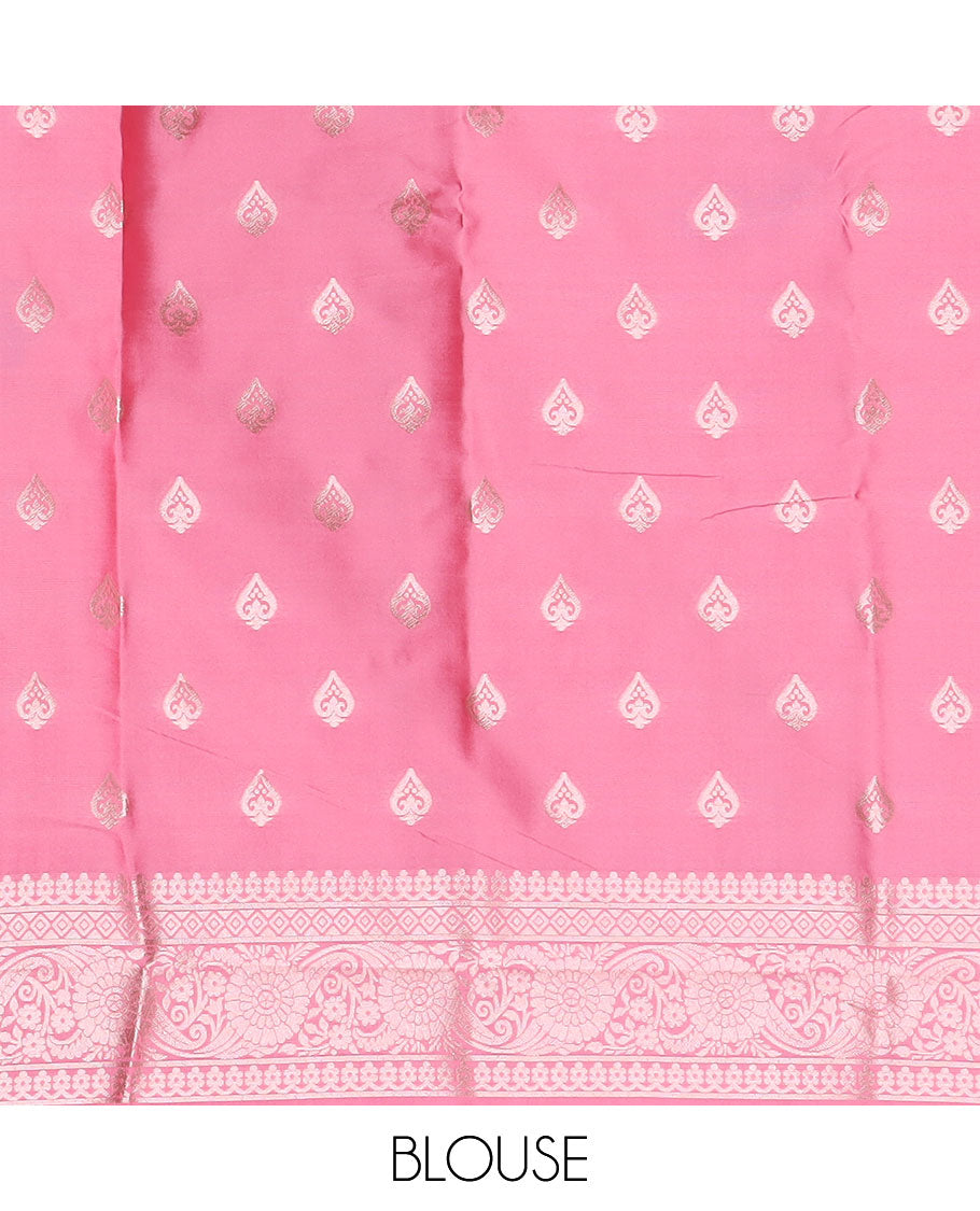 Borderless pink butter silk saree with zari buttas, self-pallu of ogee patterns