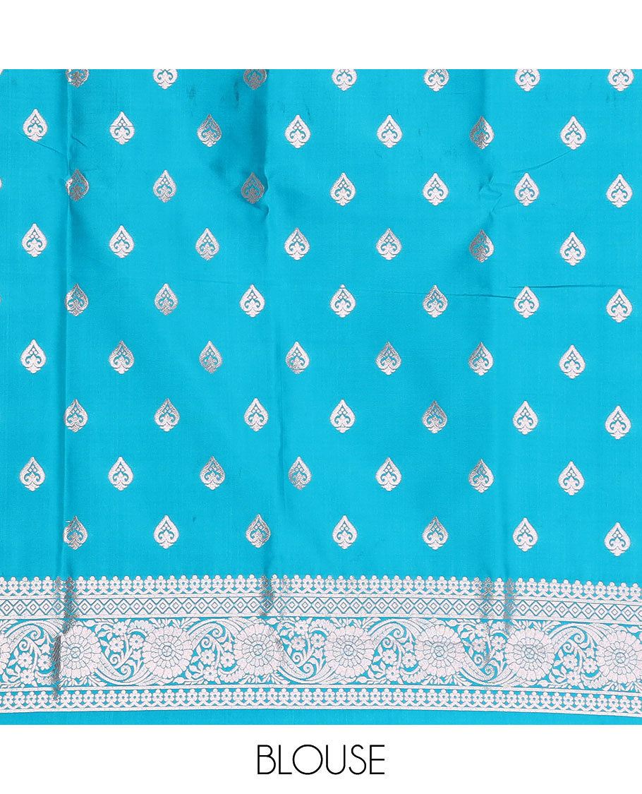 Borderless pink butter silk saree with zari buttas, self-pallu of ogee patterns