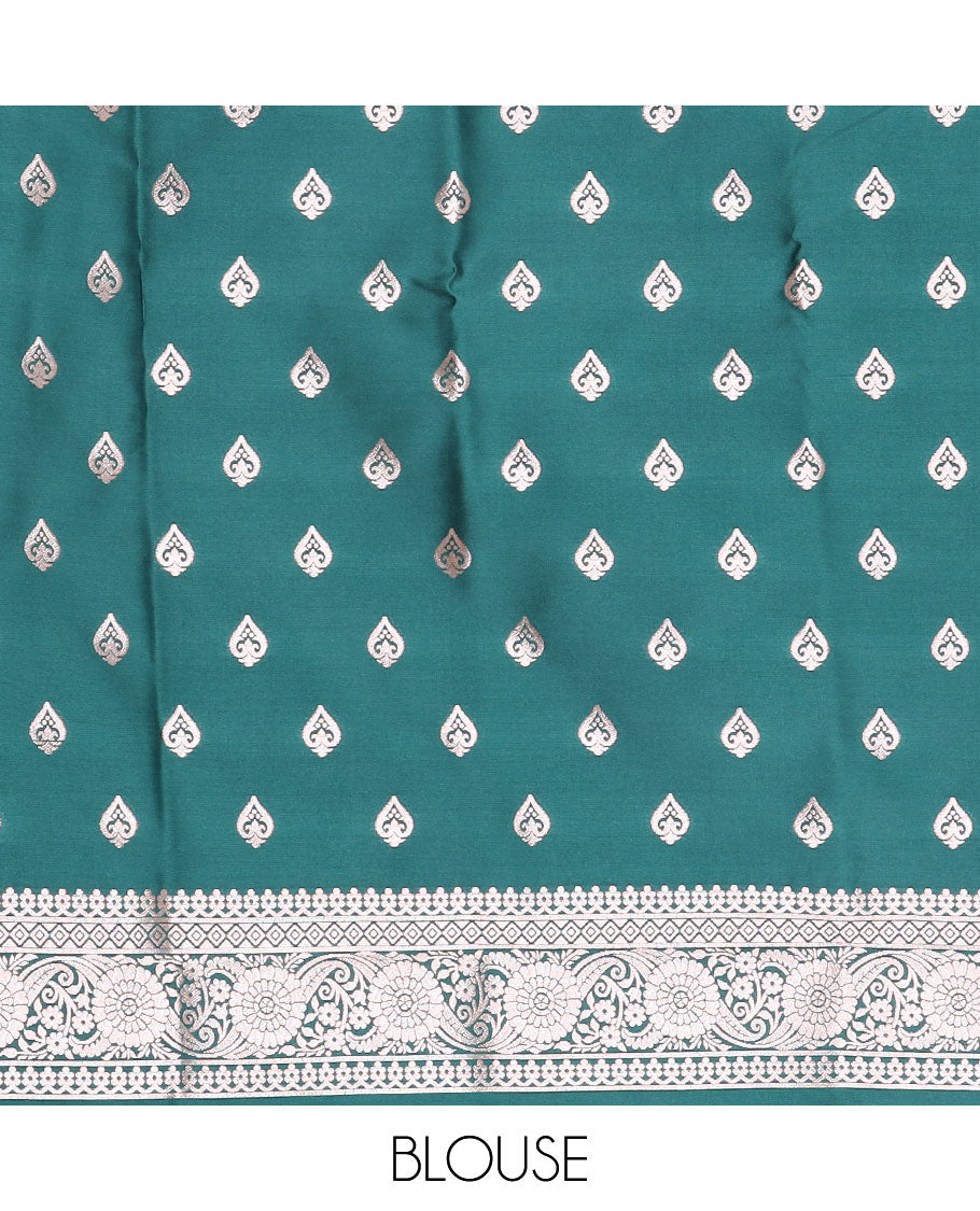 Borderless green butter silk saree with zari buttas, self-pallu of ogee patterns