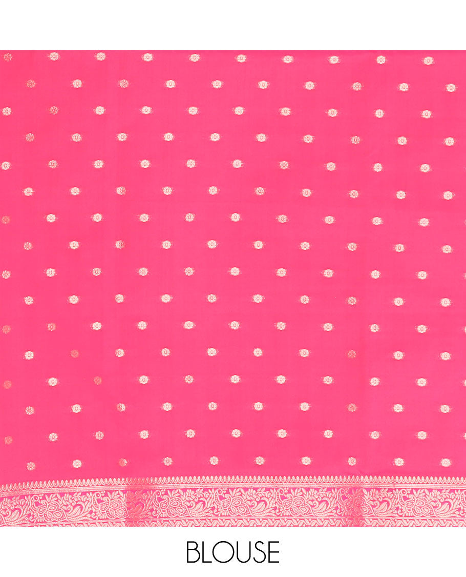 Pink butter silk saree with zari buttas, zari traditional design border & pallu of peacock designs