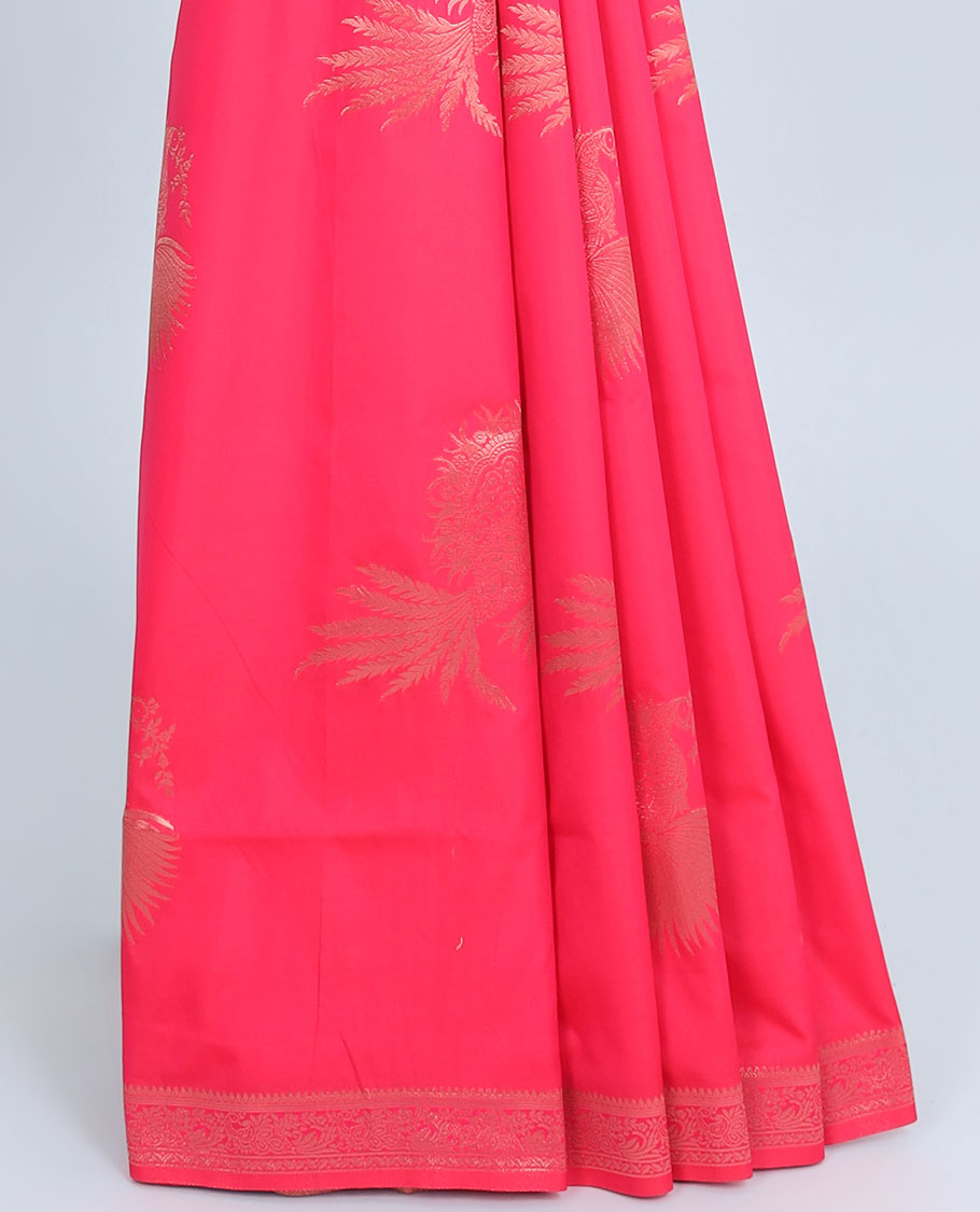 Pink butter silk saree with zari buttas, zari traditional design border & pallu of peacock designs