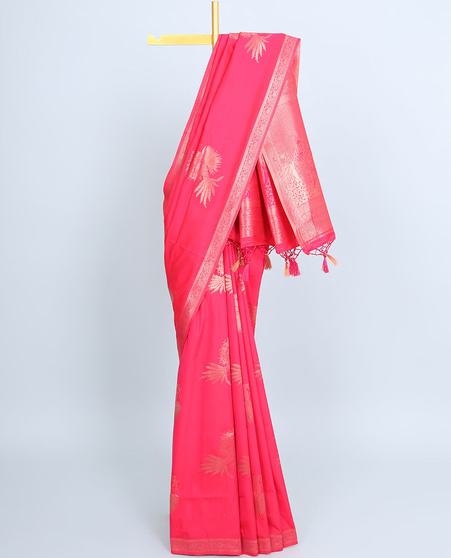 Pink butter silk saree with zari buttas, zari traditional design border & pallu of peacock designs