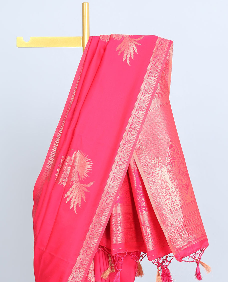Pink butter silk saree with zari buttas, zari traditional design border & pallu of peacock designs