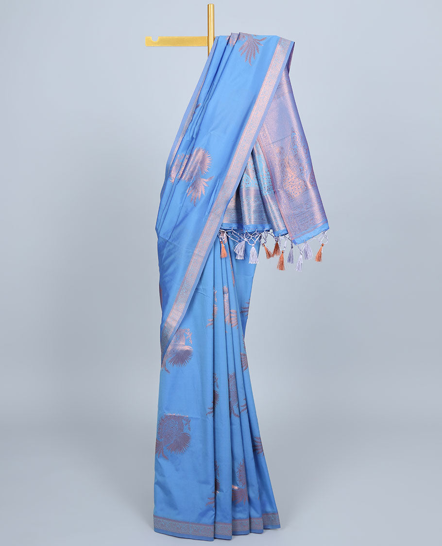 Pink butter silk saree with zari buttas, zari traditional design border & pallu of peacock designs