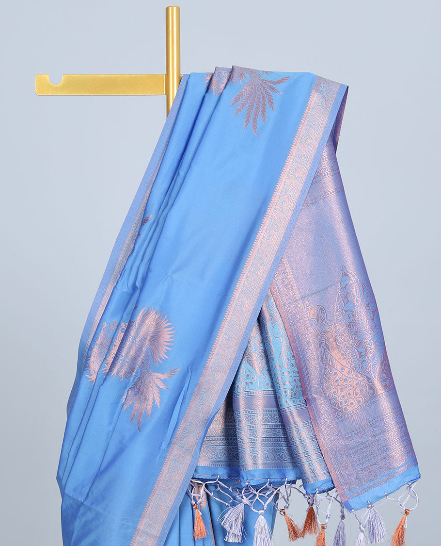 Pink butter silk saree with zari buttas, zari traditional design border & pallu of peacock designs