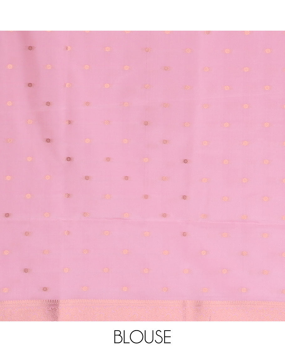 Pink butter silk saree with zari buttas, zari traditional design border & pallu of peacock designs