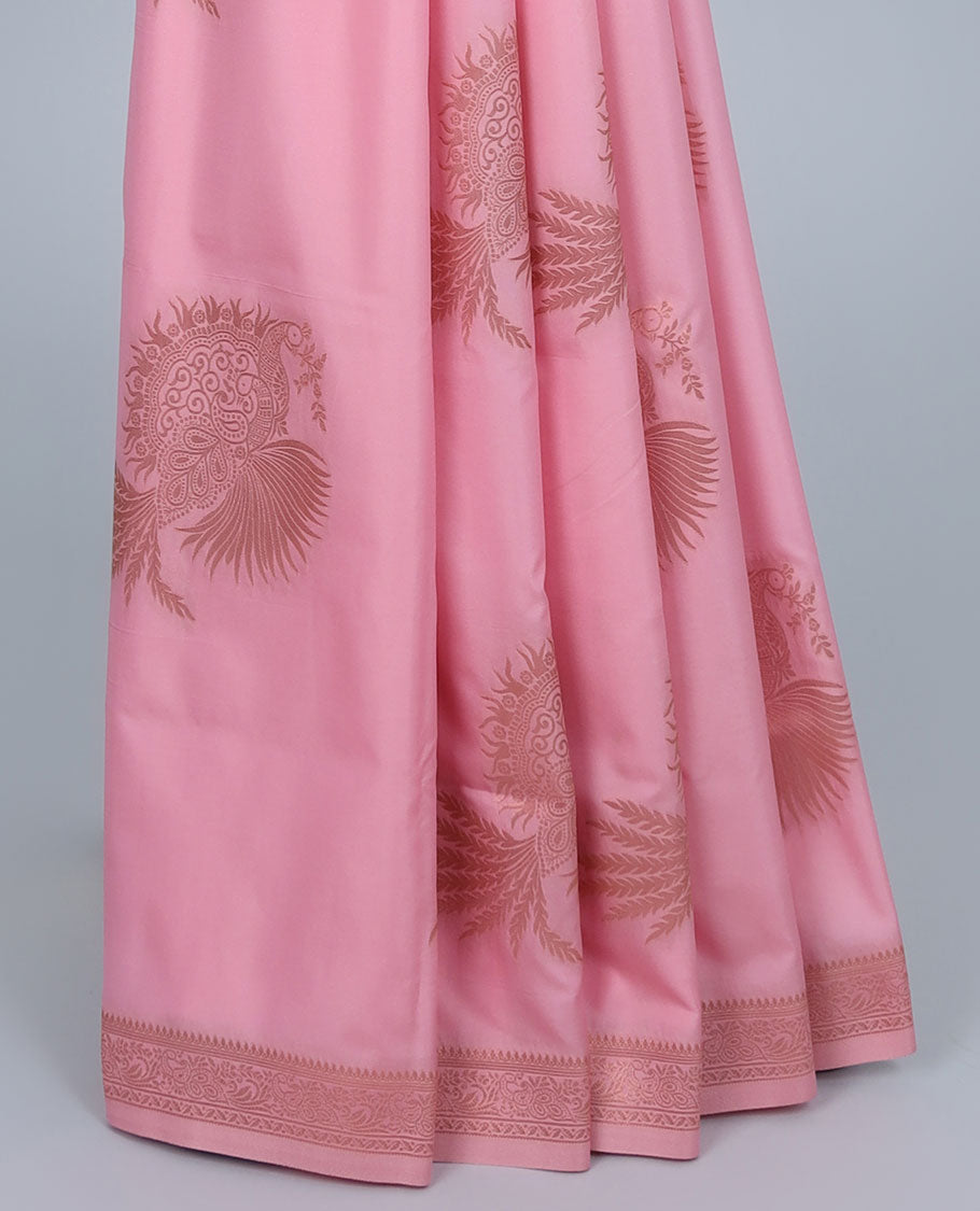 Pink butter silk saree with zari buttas, zari traditional design border & pallu of peacock designs