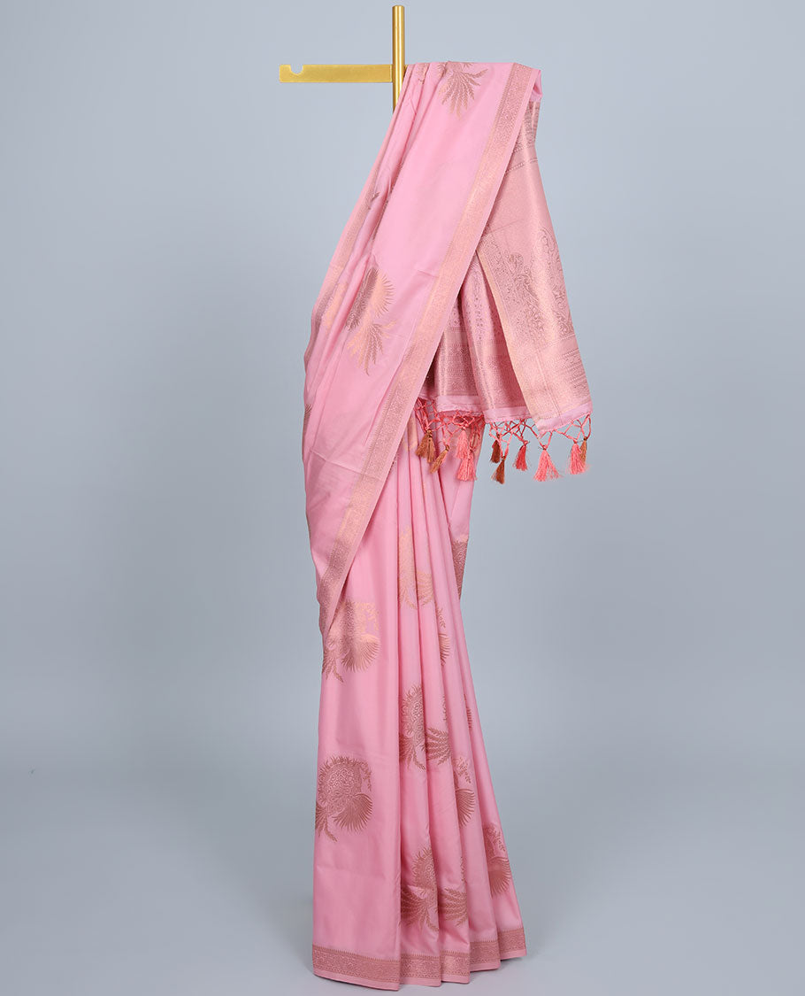 Pink butter silk saree with zari buttas, zari traditional design border & pallu of peacock designs