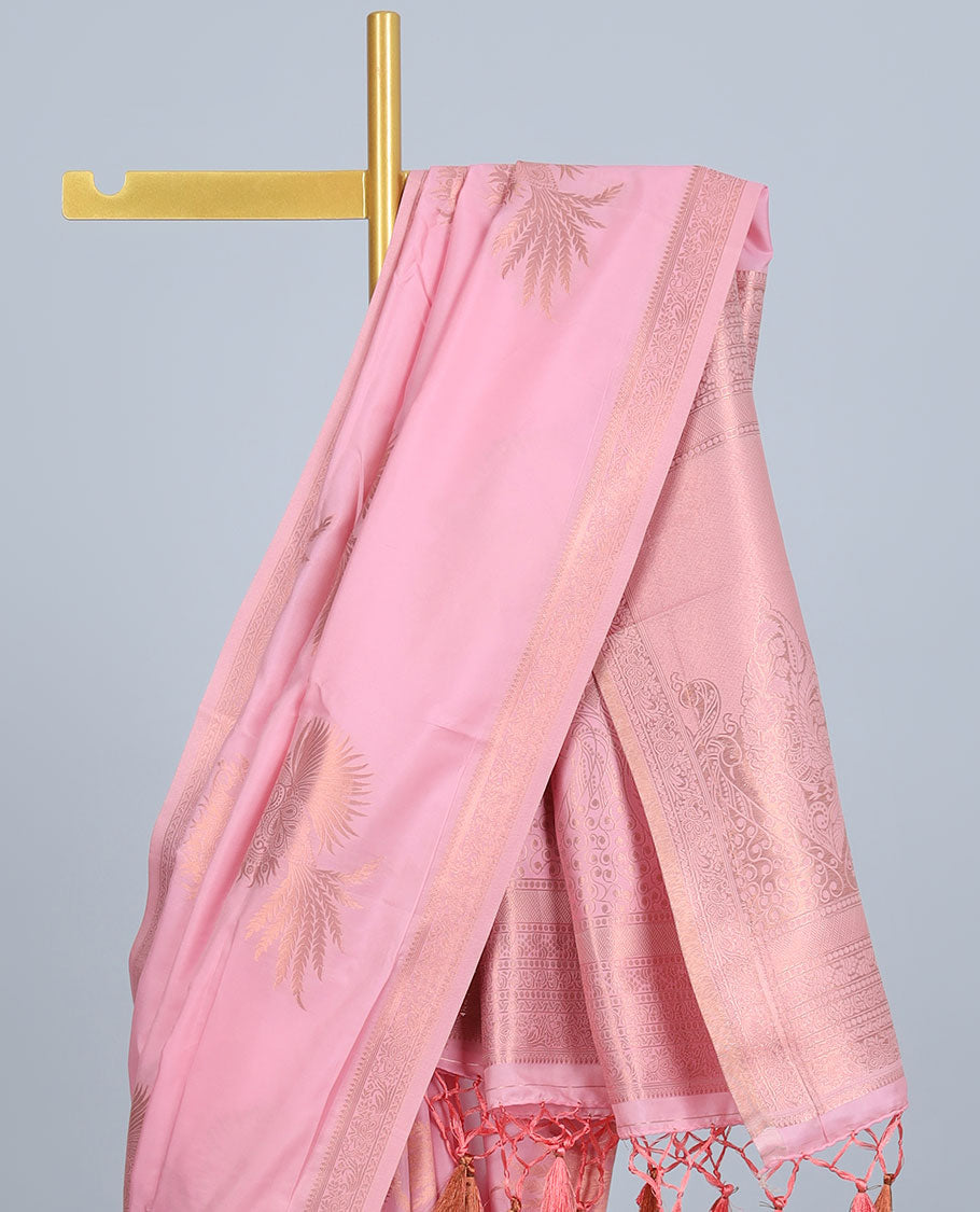 Pink butter silk saree with zari buttas, zari traditional design border & pallu of peacock designs