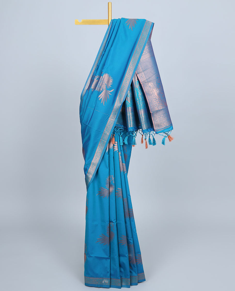 Pink butter silk saree with zari buttas, zari traditional design border & pallu of peacock designs