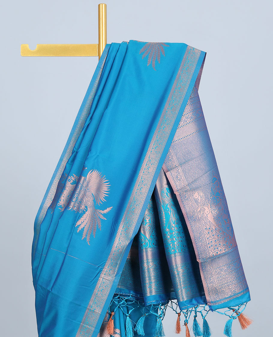 Pink butter silk saree with zari buttas, zari traditional design border & pallu of peacock designs