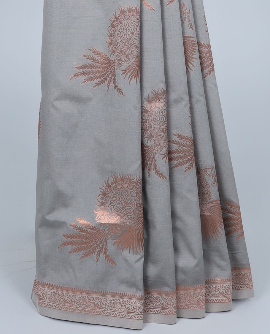 Grey butter silk saree with buttas, zari traditional design border & pallu of peacock designs