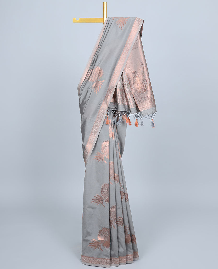 Grey butter silk saree with buttas, zari traditional design border & pallu of peacock designs