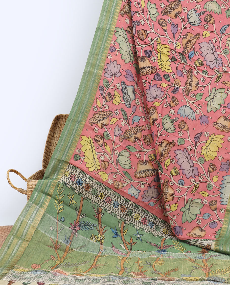 Pink floral designs hand-painted pen kalamkari silksaree,contrast traditional design border & nature-theme painted pallu
