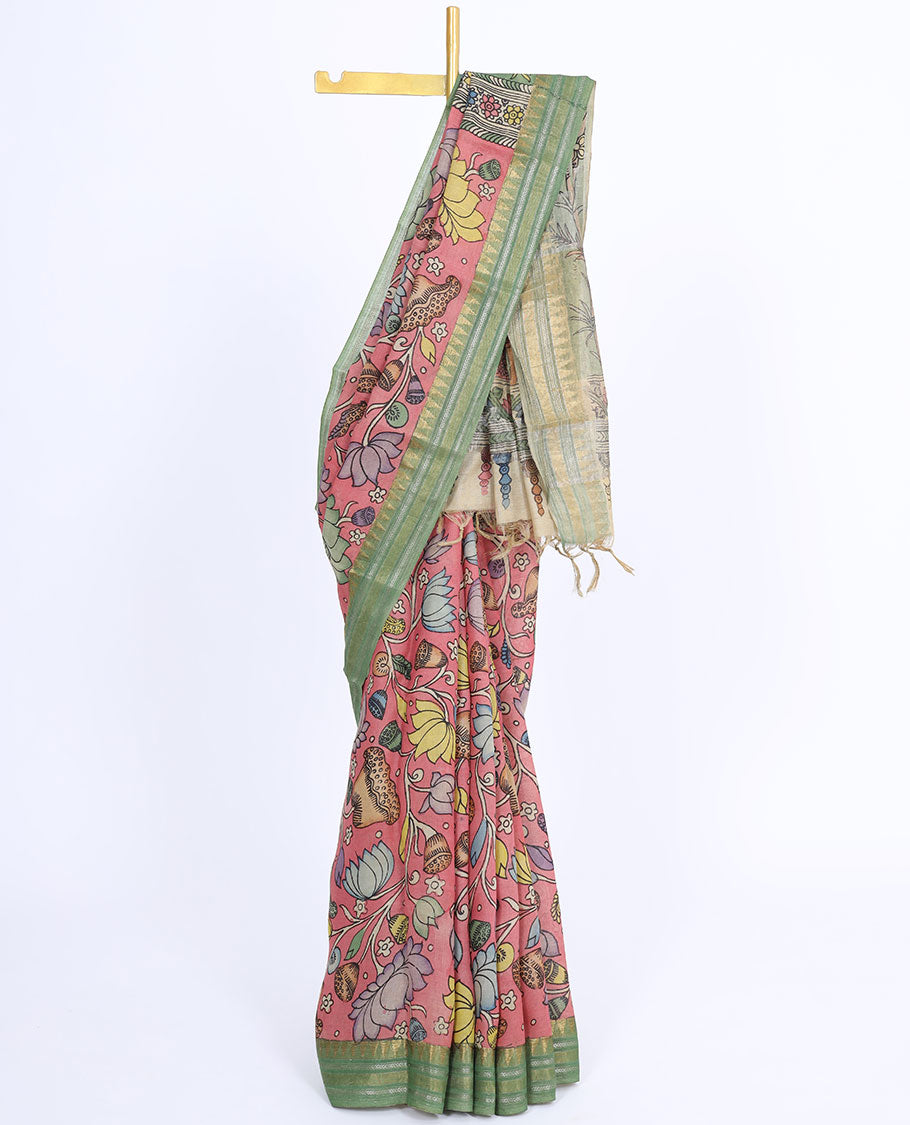 Pink floral designs hand-painted pen kalamkari silksaree,contrast traditional design border & nature-theme painted pallu