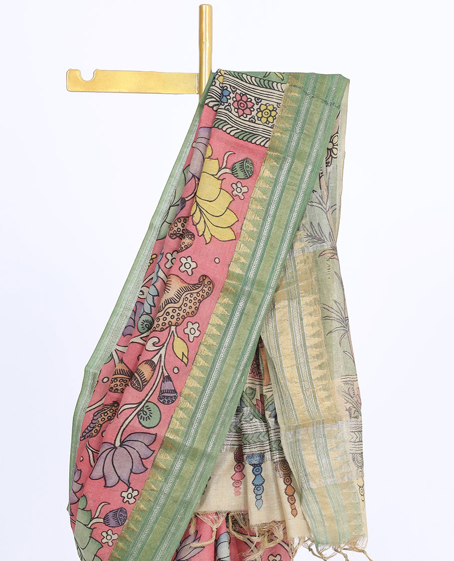 Pink floral designs hand-painted pen kalamkari silksaree,contrast traditional design border & nature-theme painted pallu