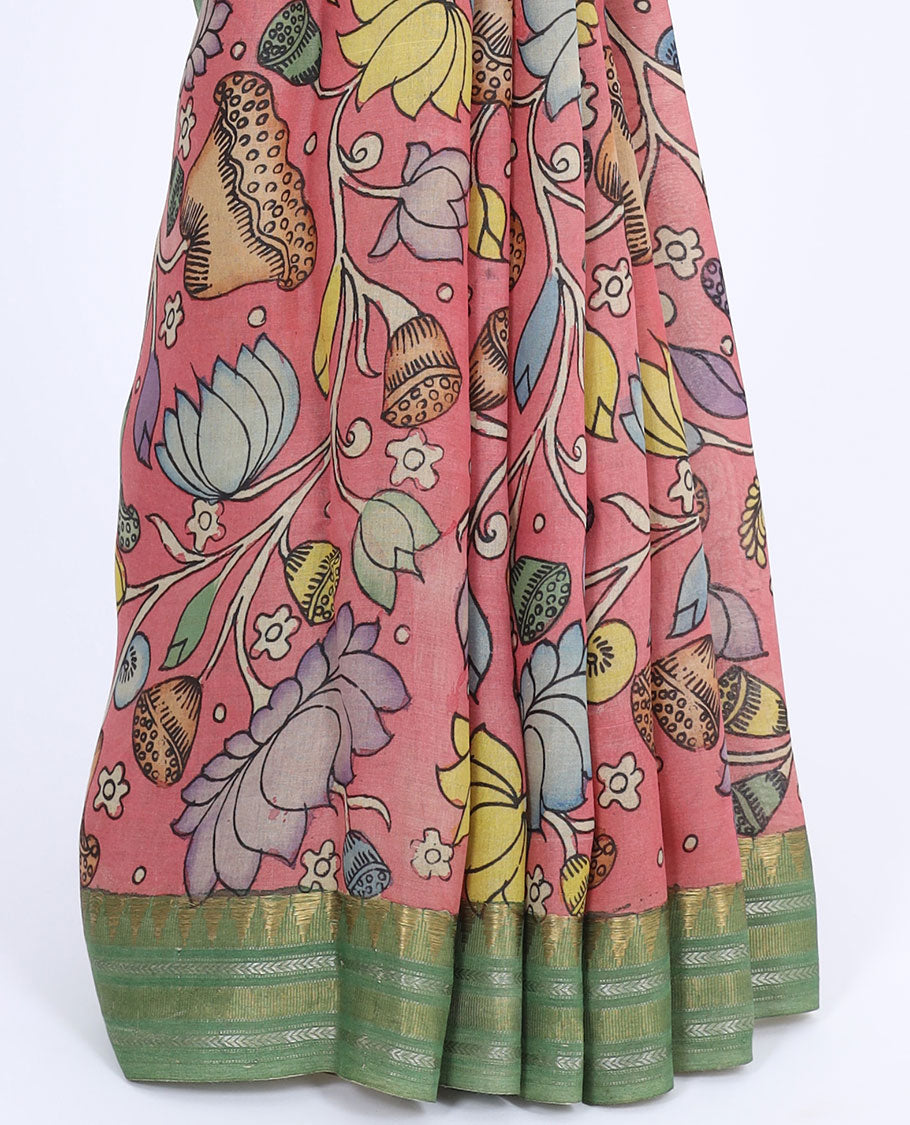Pink floral designs hand-painted pen kalamkari silksaree,contrast traditional design border & nature-theme painted pallu
