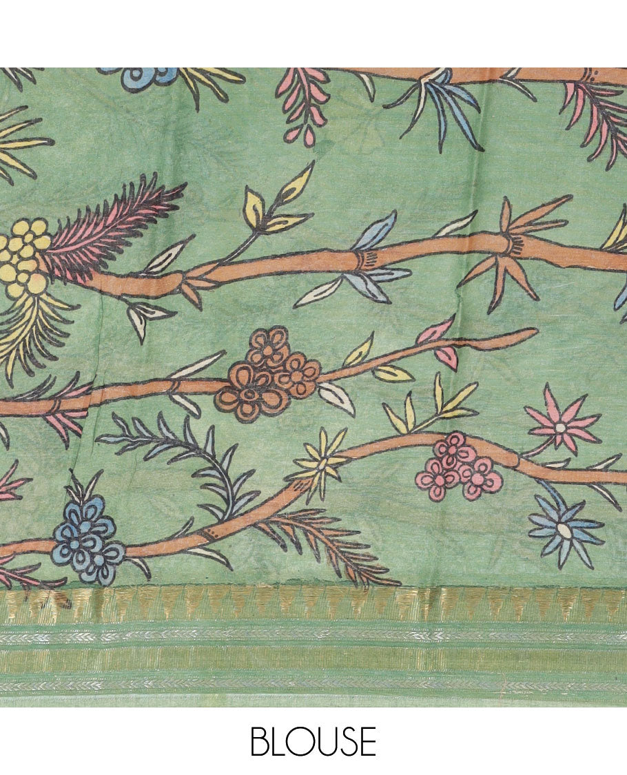 Pink floral designs hand-painted pen kalamkari silksaree,contrast traditional design border & nature-theme painted pallu
