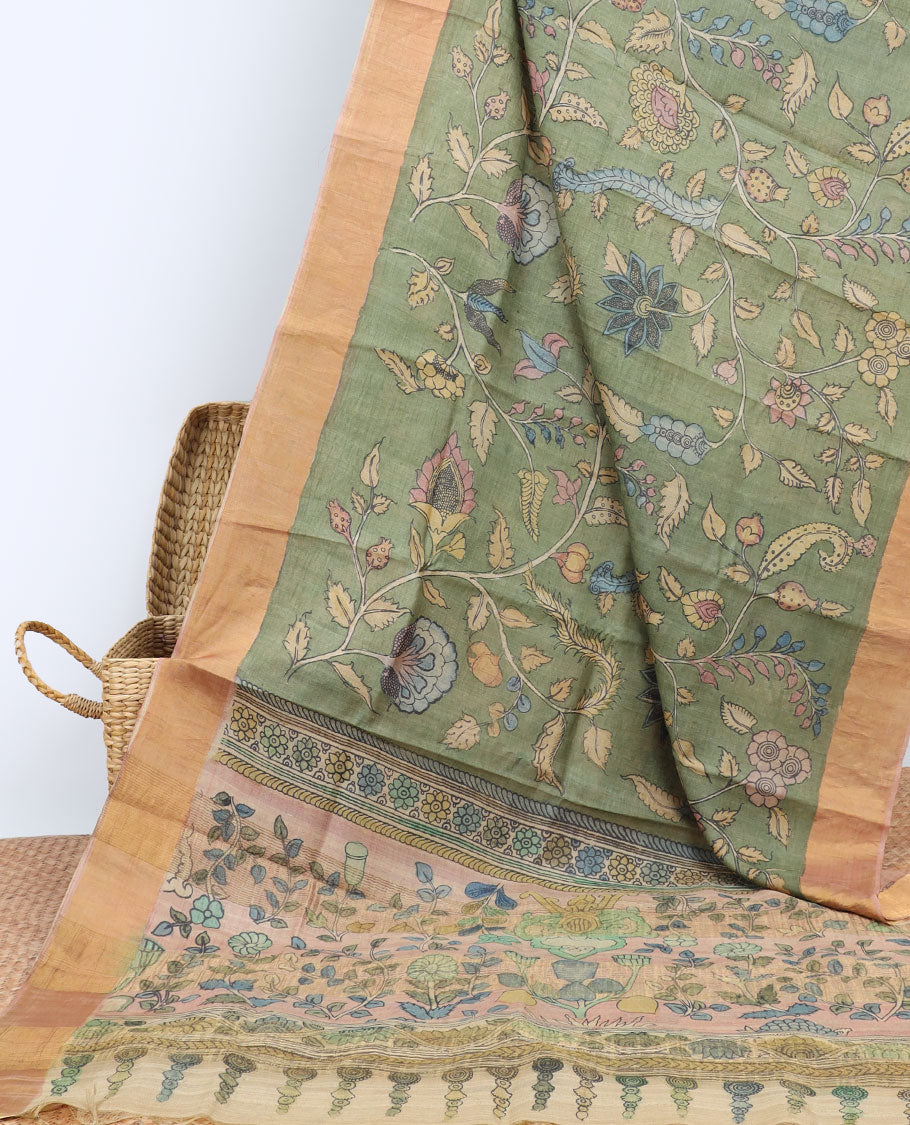 Green floral vine hand-painted pen kalamkari silksaree, contrast plain border & pallu of floral designs