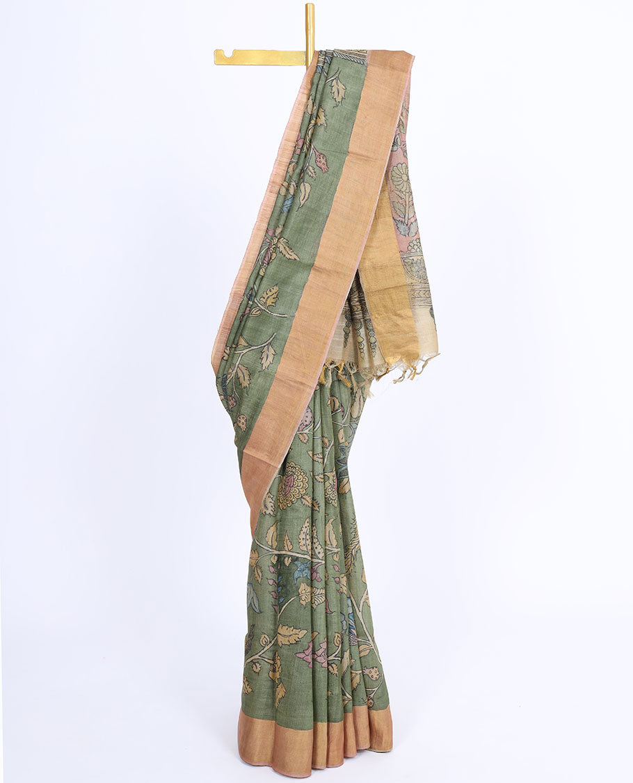 Green floral vine hand-painted pen kalamkari silksaree, contrast plain border & pallu of floral designs