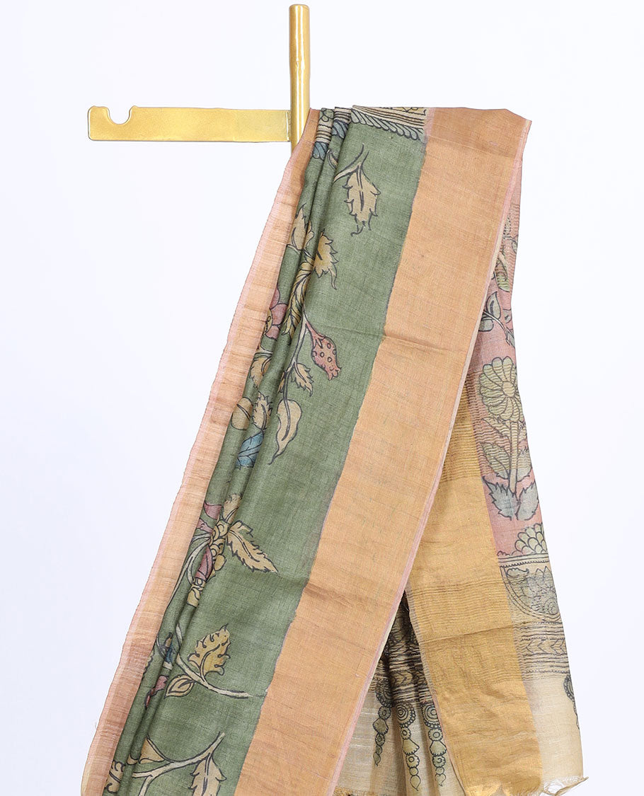 Green floral vine hand-painted pen kalamkari silksaree, contrast plain border & pallu of floral designs