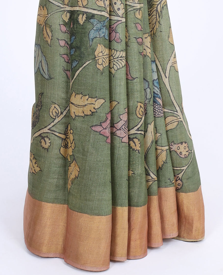 Green floral vine hand-painted pen kalamkari silksaree, contrast plain border & pallu of floral designs