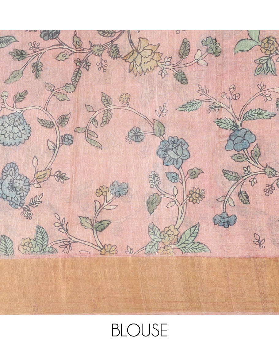Green floral vine hand-painted pen kalamkari silksaree, contrast plain border & pallu of floral designs
