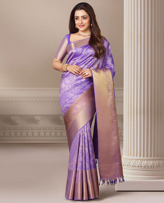 Lavender Floral Vine Silksaree, Zari Border Of  Mayil Design &pallu of intricate jaal design
