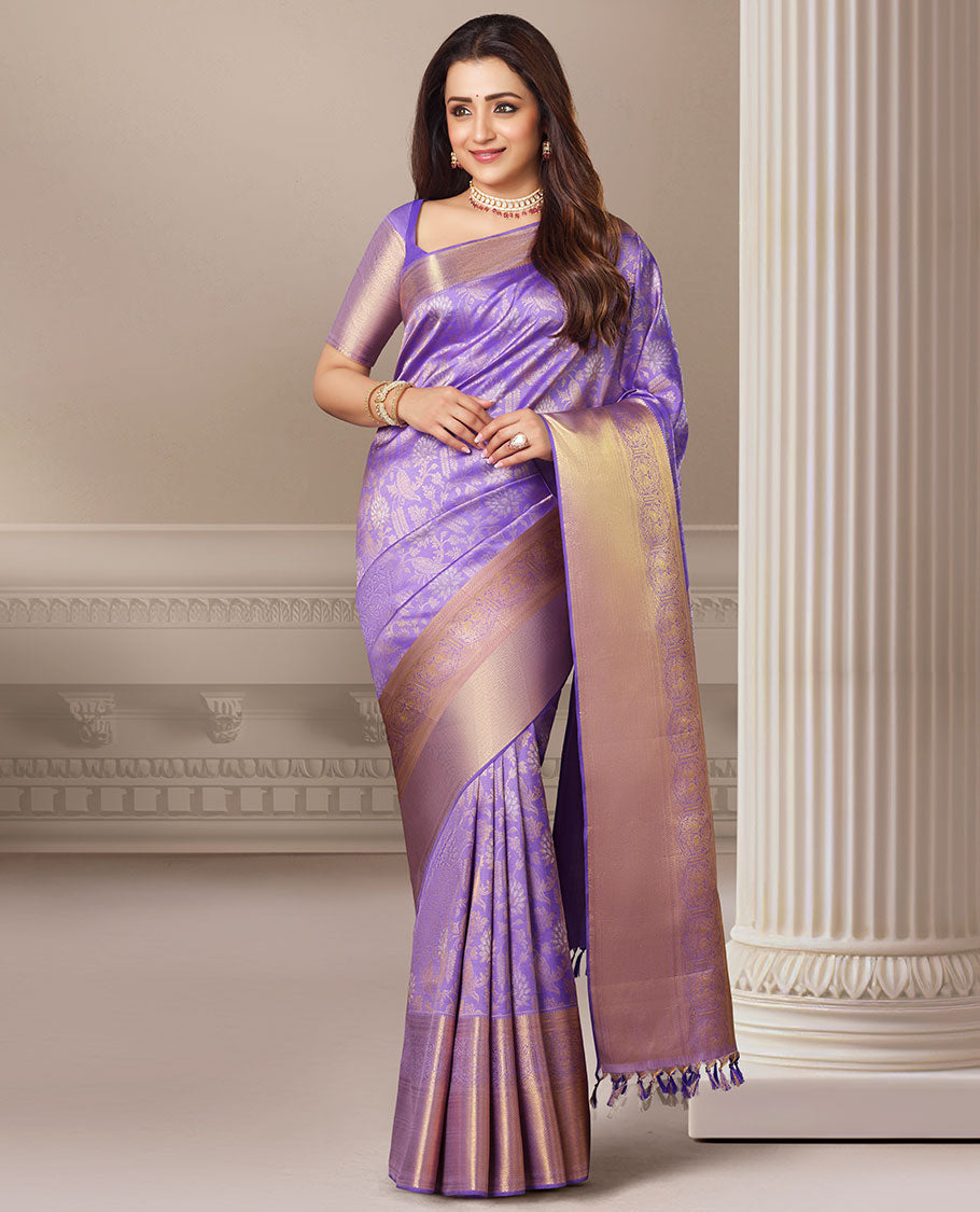 Lavender Floral Vine Silksaree, Zari Border Of Mayil Design &pallu of intricate jaal design