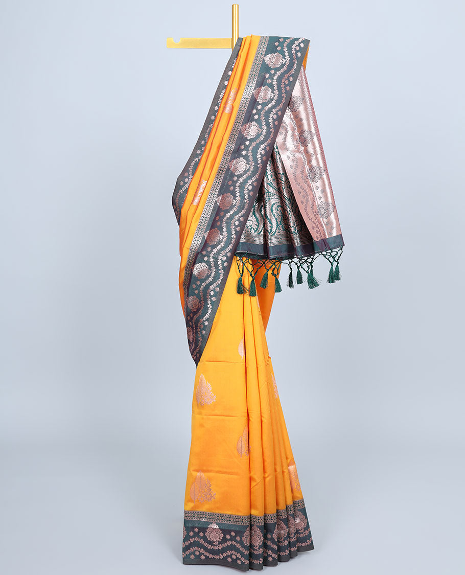 Pink butter silk saree with zari buttas, contrast zari border & pallu of intricate designs