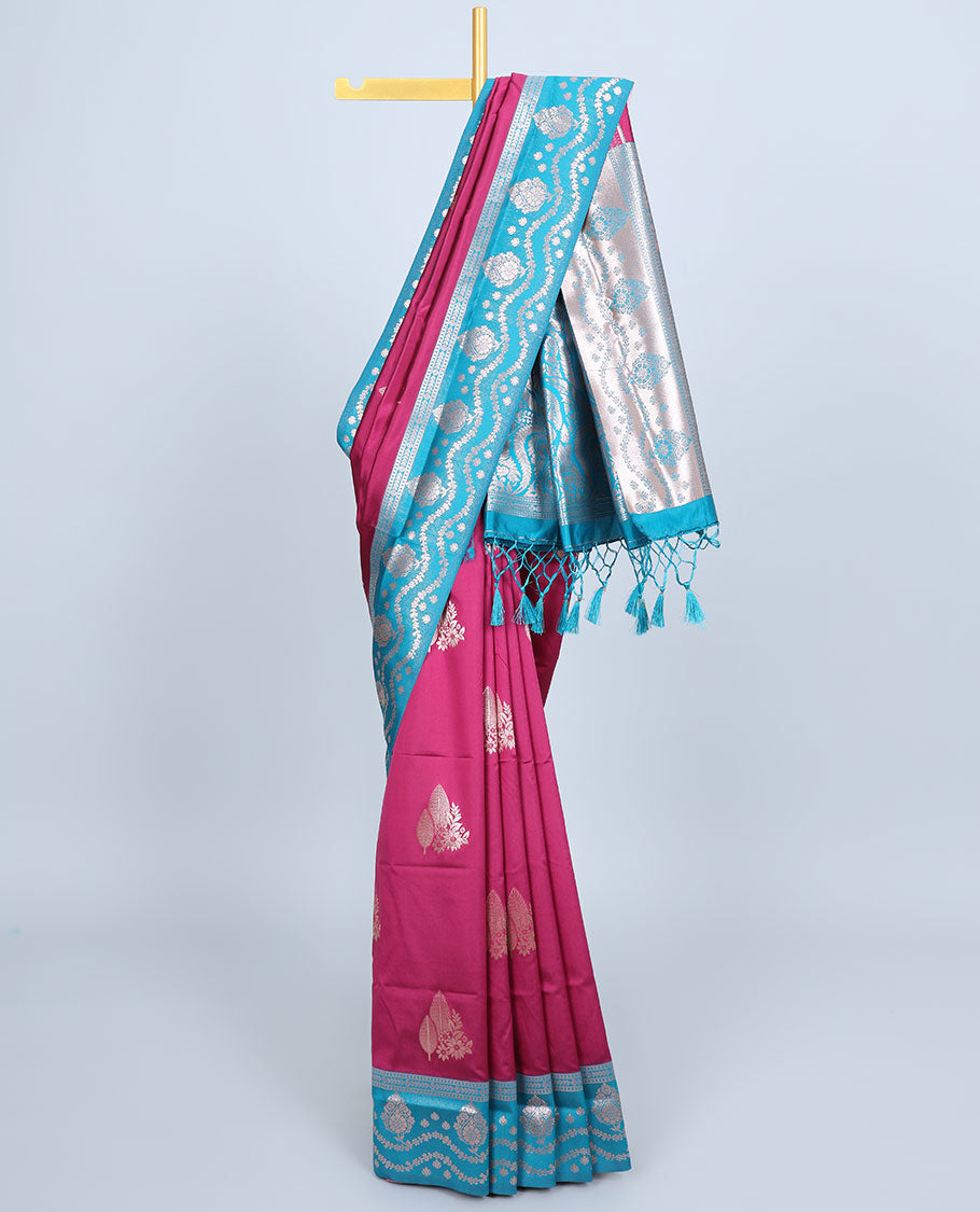 Pink butter silk saree with zari buttas, contrast zari border & pallu of intricate designs