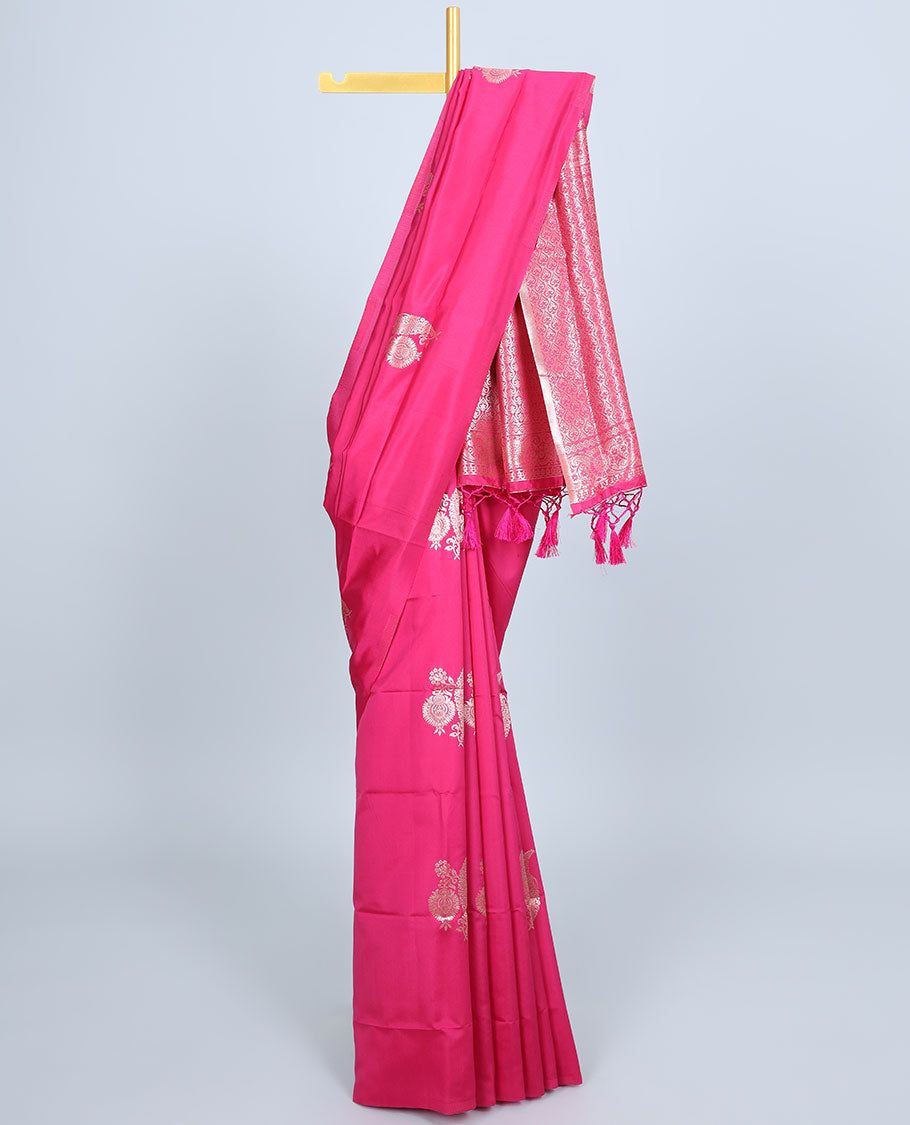 Borderless pink butter silk saree with zari buttas, self-pallu of ogee patterns