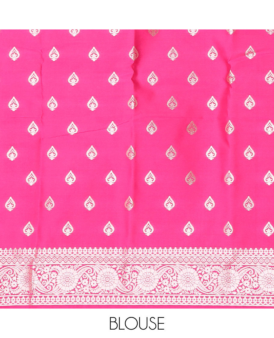 Borderless pink butter silk saree with zari buttas, self-pallu of ogee patterns