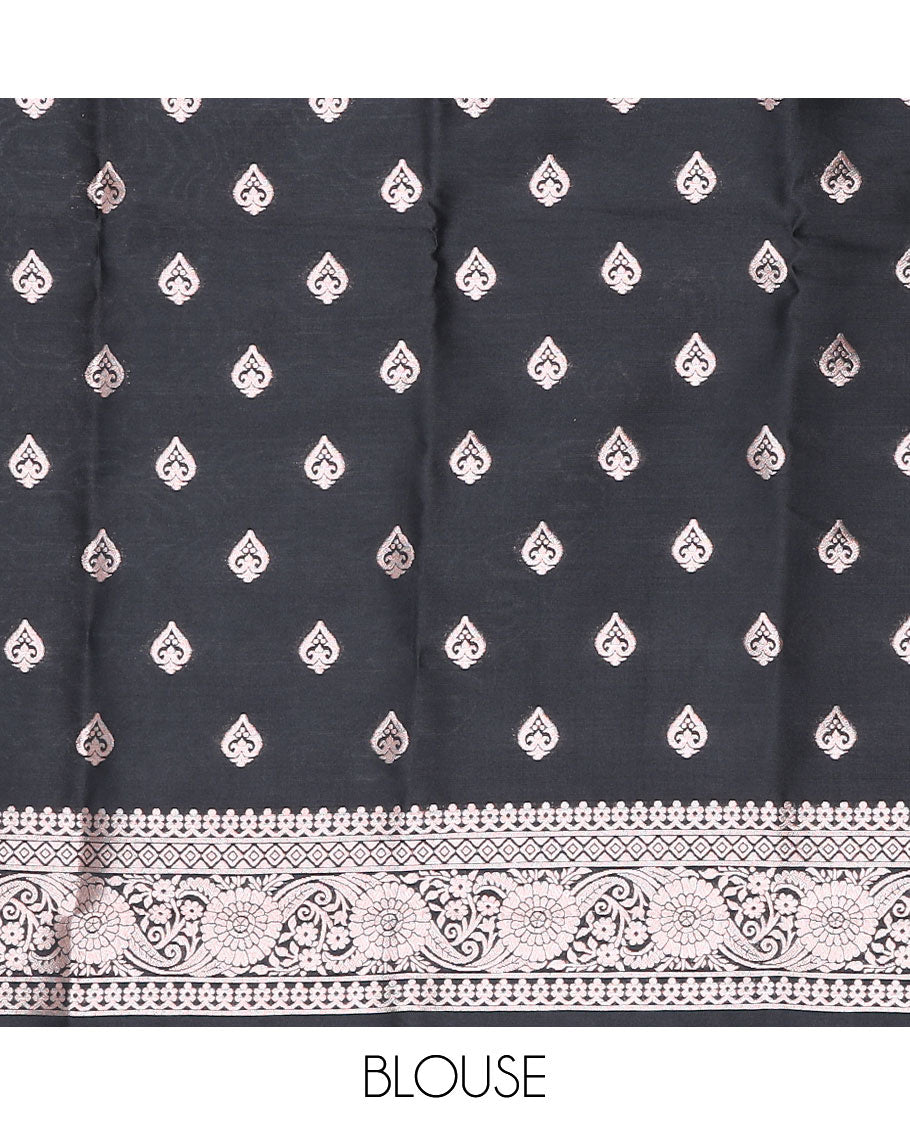 Borderless pink butter silk saree with zari buttas, self-pallu of ogee patterns