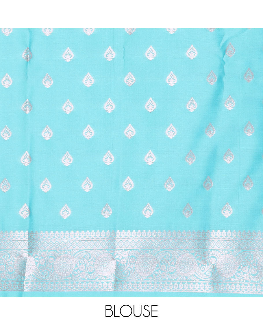 Borderless pink butter silk saree with zari buttas, self-pallu of ogee patterns