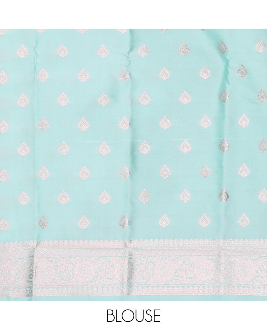 Borderless green butter silk saree with zari buttas, zari pallu of intricate ogee patterns