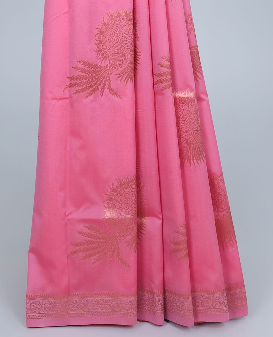 Pink butter silk saree with zari buttas, zari traditional design border & pallu of peacock designs