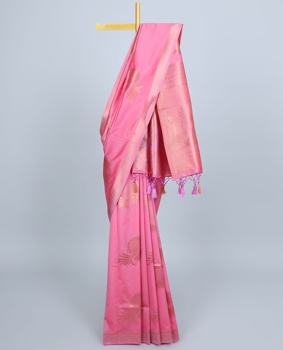 Pink butter silk saree with zari buttas, zari traditional design border & pallu of peacock designs