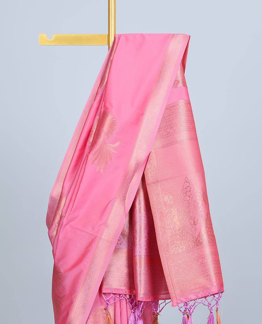 Pink butter silk saree with zari buttas, zari traditional design border & pallu of peacock designs