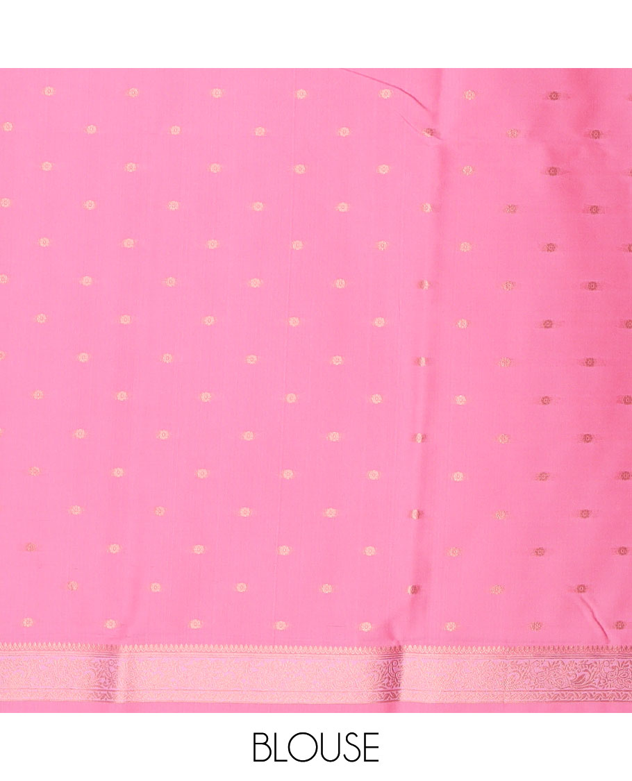 Pink butter silk saree with zari buttas, zari traditional design border & pallu of peacock designs