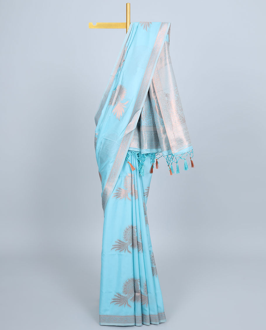 Pink butter silk saree with zari buttas, zari traditional design border & pallu of peacock designs