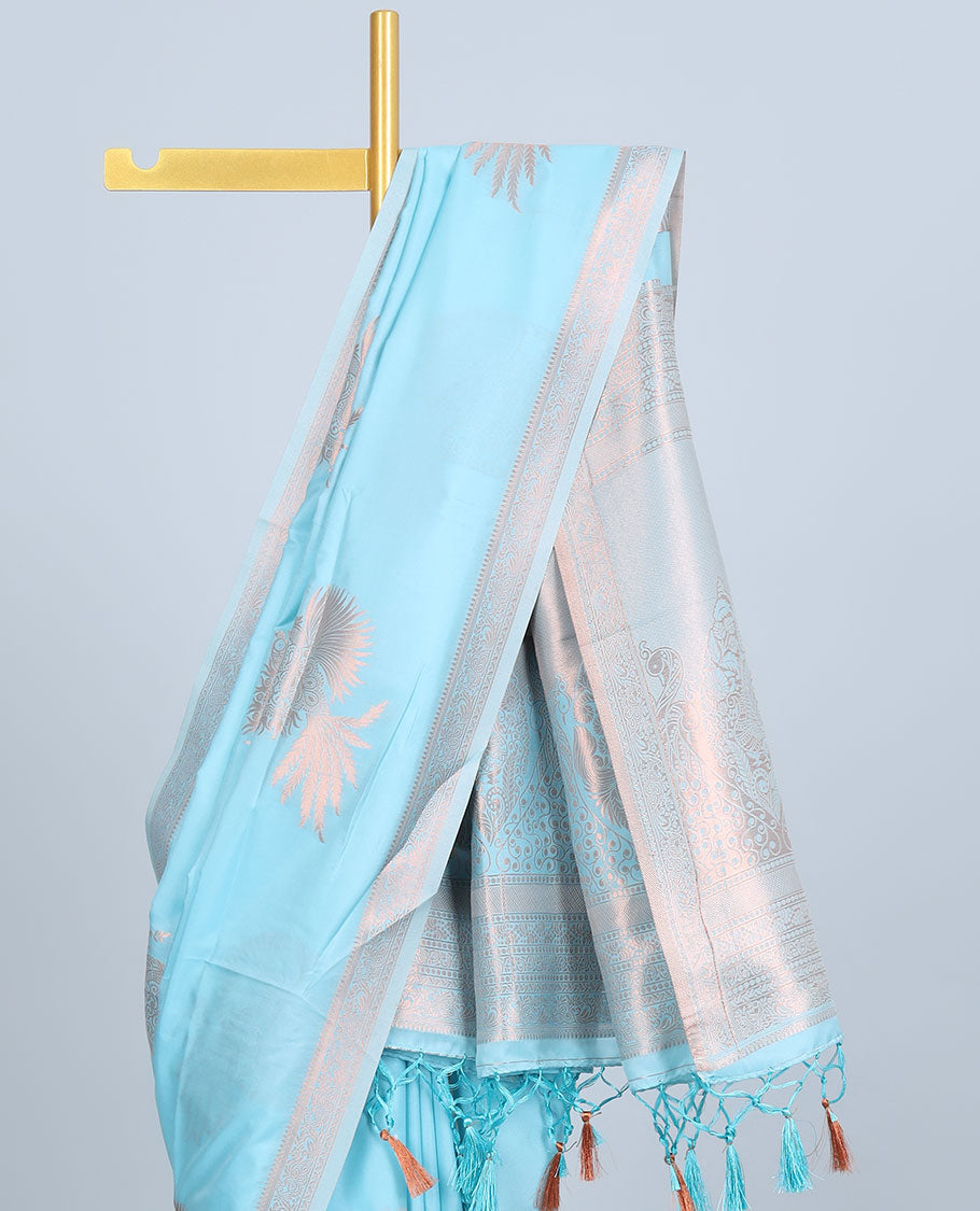 Pink butter silk saree with zari buttas, zari traditional design border & pallu of peacock designs