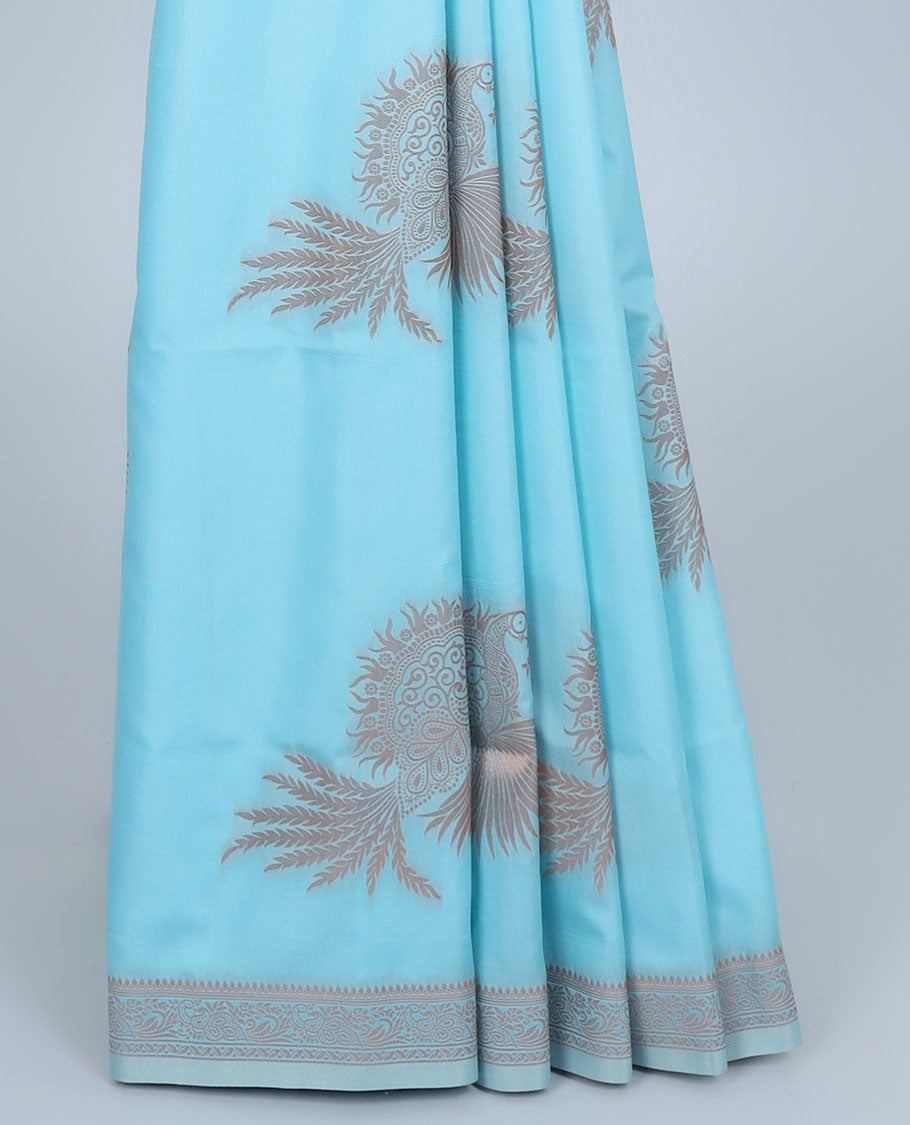 Pink butter silk saree with zari buttas, zari traditional design border & pallu of peacock designs